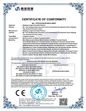 certificate of conformity multi direction jet water fountain nozzle